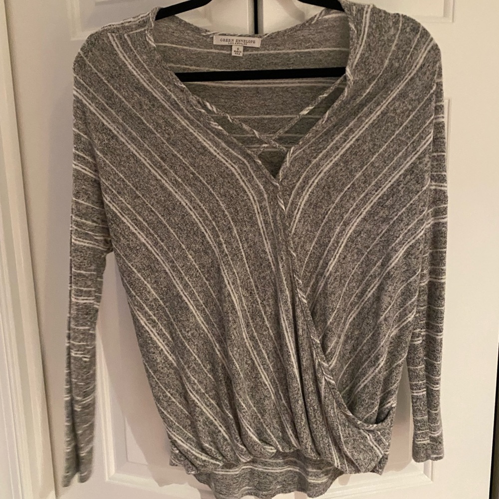 Gray and White Striped Soft Sweater with a Crossed Front